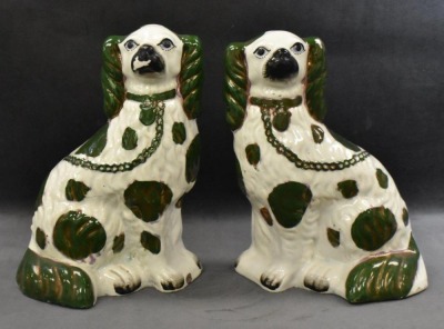 Pair of Victorian Staffordshire spaniel dog figures w/ green luster decoration, 10" tall - 13
