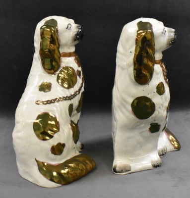 Pair of Victorian Staffordshire spaniel dog figures w/ greenish/ gold luster decoration, 10" tall - 2