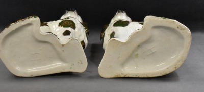 Pair of Victorian Staffordshire spaniel dog figures w/ greenish/ gold luster decoration, 10" tall - 5