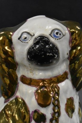 Pair of Victorian Staffordshire spaniel dog figures w/ greenish/ gold luster decoration, 10" tall - 8