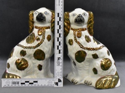 Pair of Victorian Staffordshire spaniel dog figures w/ greenish/ gold luster decoration, 10" tall - 9