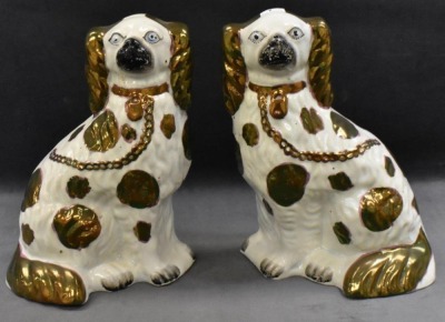 Pair of Victorian Staffordshire spaniel dog figures w/ greenish/ gold luster decoration, 10" tall - 10