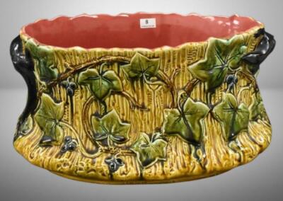 Palissy Ware Art Nouveau planter, climbing Ivy and berries w/ black lizard handles