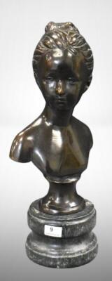 Bronze bust of woman on marble stand, Andrea by Sadie, 11.5"h