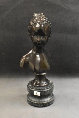 Bronze bust of woman on marble stand, Andrea by Sadie, 11.5"h - 2