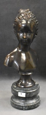 Bronze bust of woman on marble stand, Andrea by Sadie, 11.5"h - 9