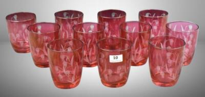 (11) Cranberry etched floral design 3" shot glasses