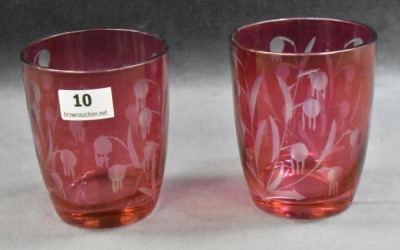 (11) Cranberry etched floral design 3" shot glasses - 2
