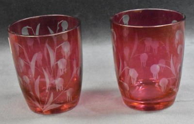 (11) Cranberry etched floral design 3" shot glasses - 3
