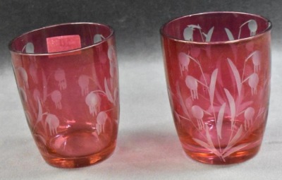 (11) Cranberry etched floral design 3" shot glasses - 4
