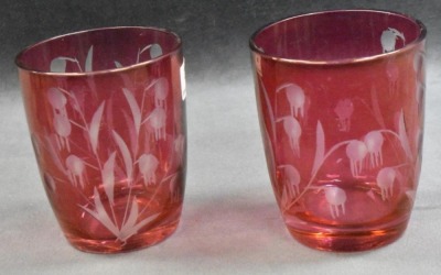 (11) Cranberry etched floral design 3" shot glasses - 5