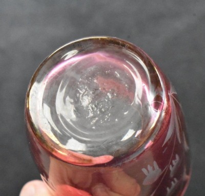 (11) Cranberry etched floral design 3" shot glasses - 6