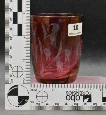 (11) Cranberry etched floral design 3" shot glasses - 7