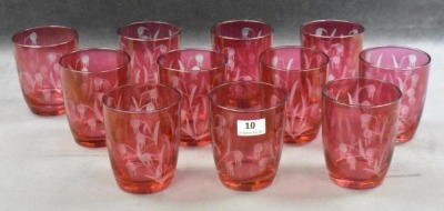 (11) Cranberry etched floral design 3" shot glasses - 8