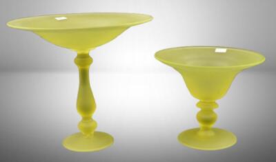 (2) Canary yellow Tiffin satin glass compotes - 2