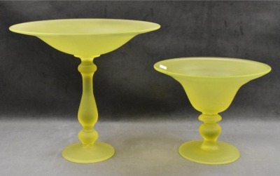(2) Canary yellow Tiffin satin glass compotes - 5