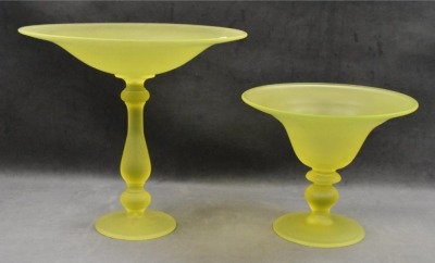 (2) Canary yellow Tiffin satin glass compotes - 6