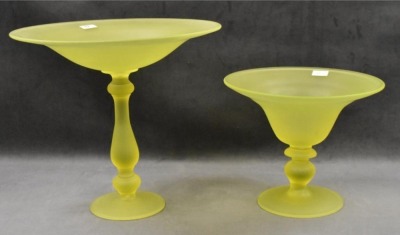 (2) Canary yellow Tiffin satin glass compotes - 9