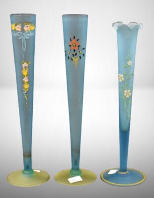 (3) Blue Tiffin satin glass 10" and 11" bud vases decorated w/ enameled flowers
