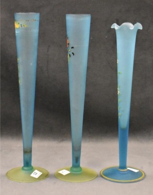 (3) Blue Tiffin satin glass 10" and 11" bud vases decorated w/ enameled flowers - 2
