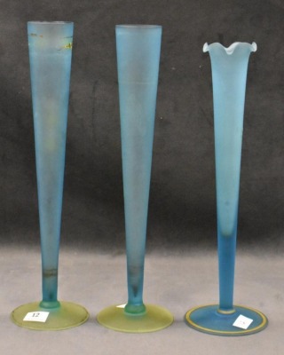 (3) Blue Tiffin satin glass 10" and 11" bud vases decorated w/ enameled flowers - 3