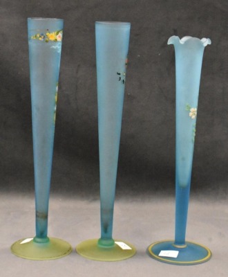 (3) Blue Tiffin satin glass 10" and 11" bud vases decorated w/ enameled flowers - 4