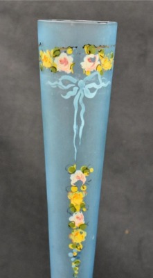 (3) Blue Tiffin satin glass 10" and 11" bud vases decorated w/ enameled flowers - 5