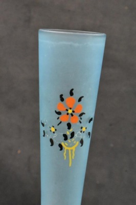(3) Blue Tiffin satin glass 10" and 11" bud vases decorated w/ enameled flowers - 6