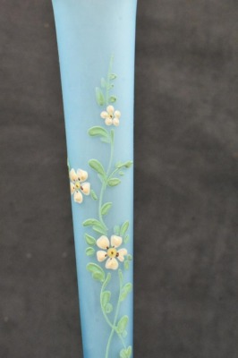 (3) Blue Tiffin satin glass 10" and 11" bud vases decorated w/ enameled flowers - 7