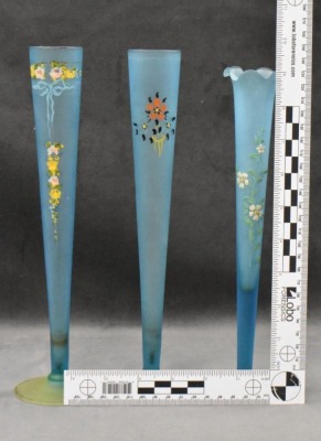 (3) Blue Tiffin satin glass 10" and 11" bud vases decorated w/ enameled flowers - 9
