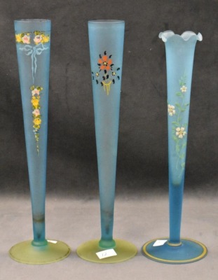 (3) Blue Tiffin satin glass 10" and 11" bud vases decorated w/ enameled flowers - 10