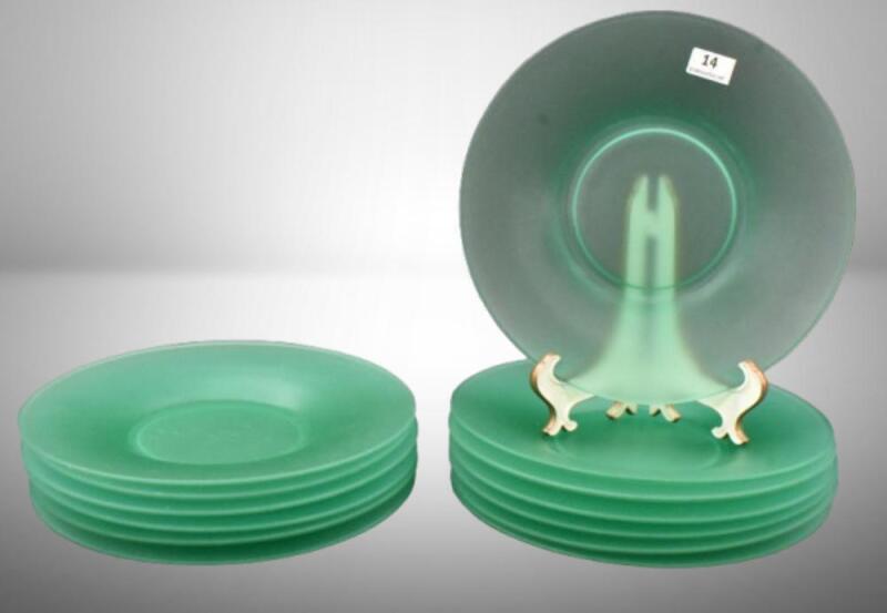 (12) Green Tiffin satin glass 7.5"d plates