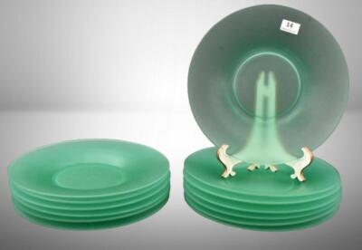 (12) Green Tiffin satin glass 7.5"d plates