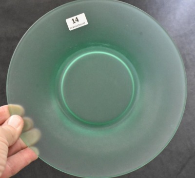 (12) Green Tiffin satin glass 7.5"d plates - 2