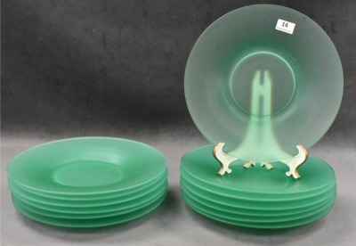 (12) Green Tiffin satin glass 7.5"d plates - 5