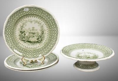 (4) pcs. Minton and Boyle "The Gem" green transferware: (3) 10.25"d plates and 3.5"h x 10"d cake plate