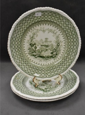 (4) pcs. Minton and Boyle "The Gem" green transferware: (3) 10.25"d plates and 3.5"h x 10"d cake plate - 3