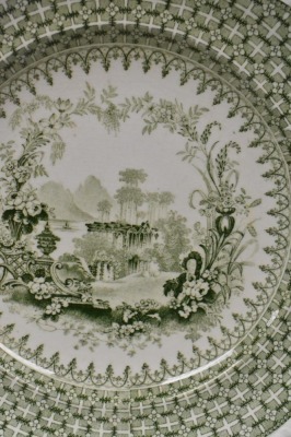 (4) pcs. Minton and Boyle "The Gem" green transferware: (3) 10.25"d plates and 3.5"h x 10"d cake plate - 4