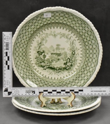 (4) pcs. Minton and Boyle "The Gem" green transferware: (3) 10.25"d plates and 3.5"h x 10"d cake plate - 6