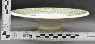 (4) pcs. Minton and Boyle "The Gem" green transferware: (3) 10.25"d plates and 3.5"h x 10"d cake plate - 7