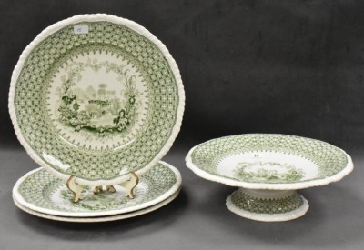 (4) pcs. Minton and Boyle "The Gem" green transferware: (3) 10.25"d plates and 3.5"h x 10"d cake plate - 13