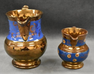 (2) Decorated Copper luster pitchers, 3.5" and 5.5" - 2