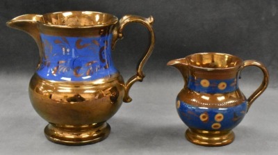(2) Decorated Copper luster pitchers, 3.5" and 5.5" - 3