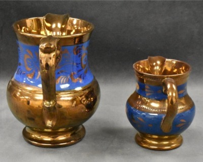 (2) Decorated Copper luster pitchers, 3.5" and 5.5" - 4