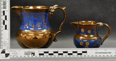 (2) Decorated Copper luster pitchers, 3.5" and 5.5" - 9