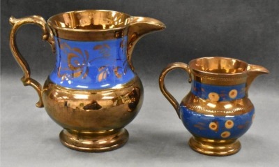 (2) Decorated Copper luster pitchers, 3.5" and 5.5" - 10