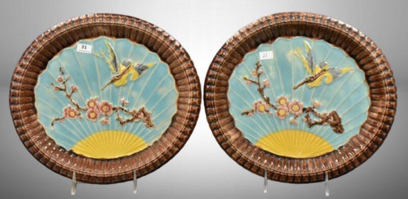 (2) Majolica Wardle bird and fan 11.5" platters