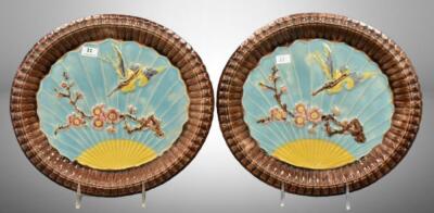 (2) Majolica Wardle bird and fan 11.5" platters