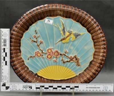 (2) Majolica Wardle bird and fan 11.5" platters - 9