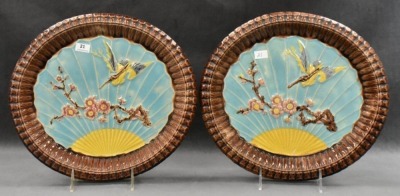 (2) Majolica Wardle bird and fan 11.5" platters - 10
